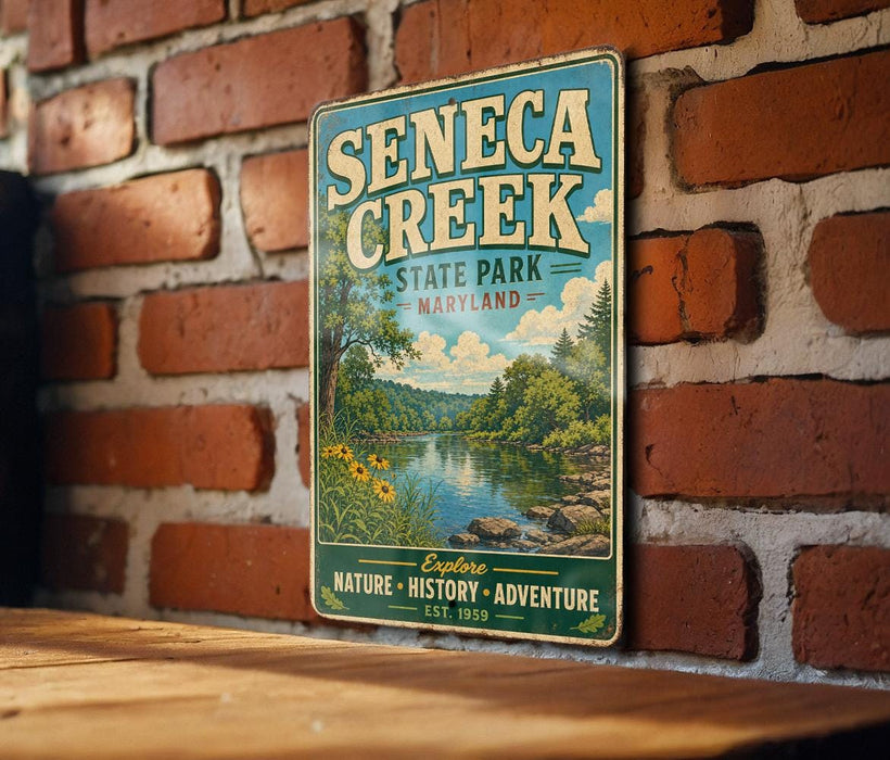A vintage metal sign for Seneca Creek State Park in Maryland, featuring a scenic illustration of the park's natural and historical attractions.