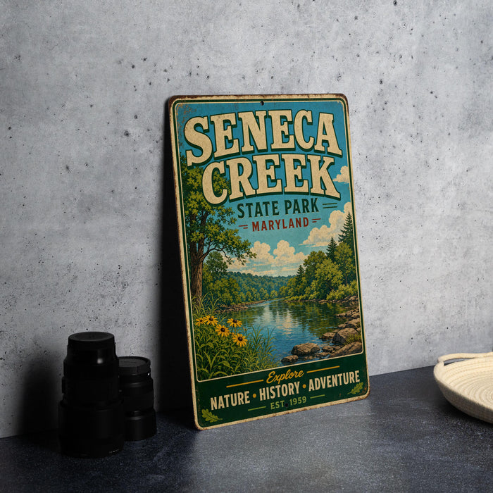 A vintage metal sign for Seneca Creek State Park in Maryland, featuring a scenic illustration of the park's natural surroundings.