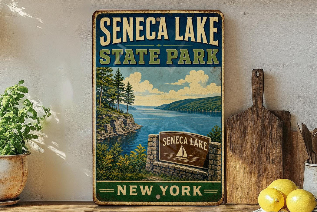 A vintage-style sign for Seneca Lake State Park in New York, featuring a scenic landscape with a lake, mountains, and a wooden sign with the name of the park.
