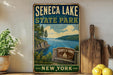 A vintage-style sign for Seneca Lake State Park in New York, featuring a scenic landscape with a lake, mountains, and a wooden sign with the name of the park.