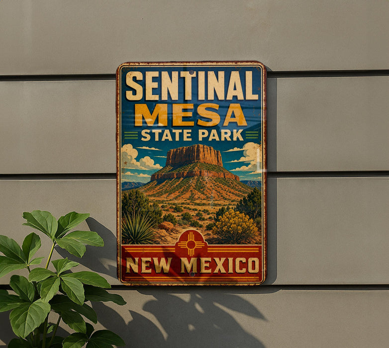 A vintage metal sign for Sentinal Mesa State Park in New Mexico, featuring a desert landscape with a prominent rock formation.