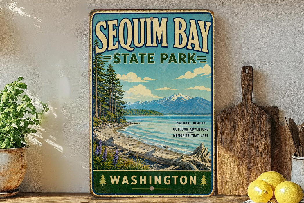 A vintage-style sign for Sequim Bay State Park, featuring a scenic landscape with mountains, pine trees, and a lake.