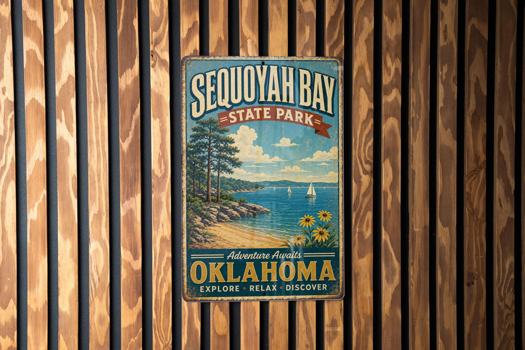 A vintage metal sign for Sequoyah Bay State Park, featuring a scenic landscape with a beach, mountains, and sailboats.