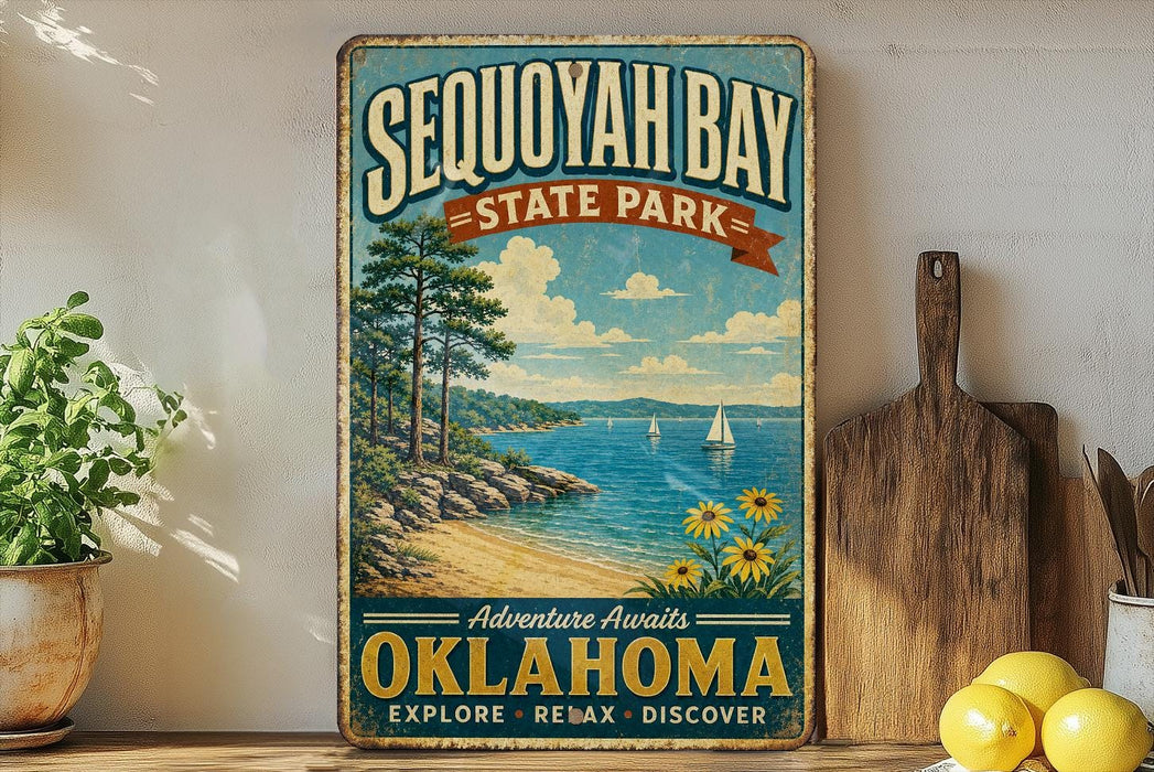 a vintage-style sign for Sequoyah Bay State Park, with a scenic illustration of the bay and surrounding landscape.