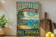 a vintage-style sign for Sequoyah Bay State Park, with a scenic illustration of the bay and surrounding landscape.