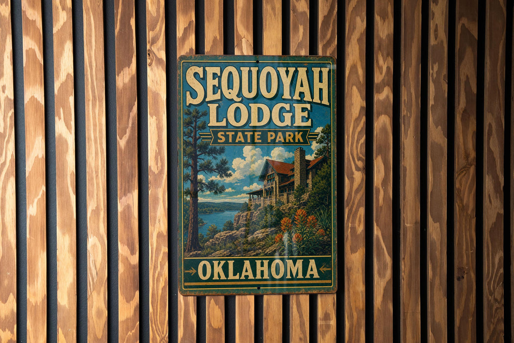 A vintage metal sign for Sequoyah Lodge, a state park in Oklahoma, is displayed on a wooden wall.