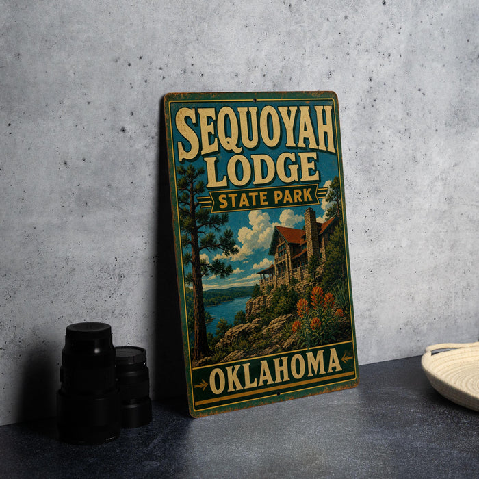 A vintage metal sign for the Sequoyah Lodge in Oklahoma, featuring a scenic illustration of the lodge and surrounding landscape.