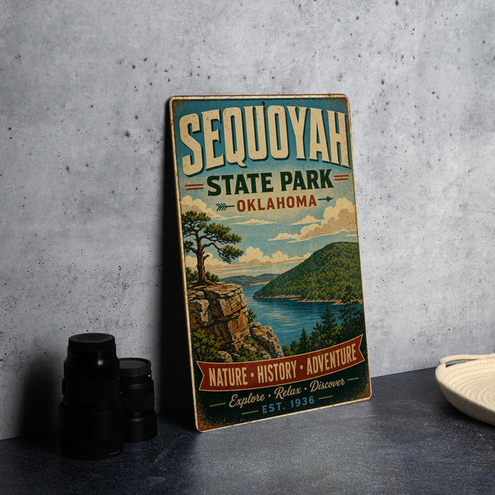 A vintage-style sign for Sequoyah State Park in Oklahoma, featuring a scenic landscape with a mountain, lake, and trees.