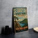 A vintage-style sign for Sequoyah State Park in Oklahoma, featuring a scenic landscape with a mountain, lake, and trees.