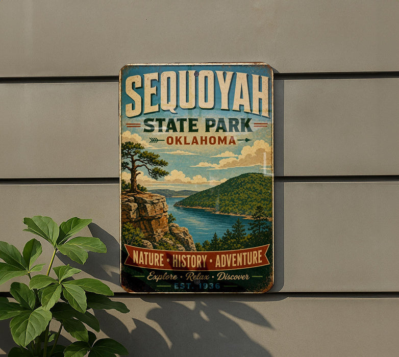 A vintage-style sign for Sequoyah State Park in Oklahoma, featuring a scenic landscape with a mountain, lake, and pine trees.