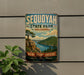 A vintage-style sign for Sequoyah State Park in Oklahoma, featuring a scenic landscape with a mountain, lake, and pine trees.