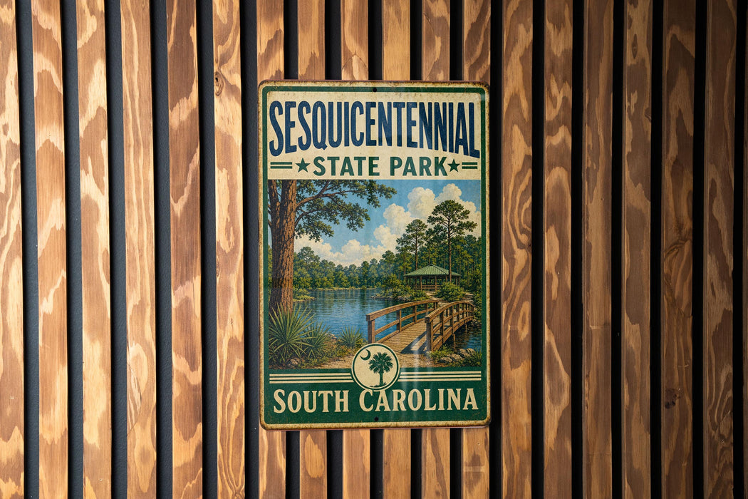 A vintage-style metal sign for Sesquicentennial State Park in South Carolina, featuring a scenic landscape with a bridge and trees.