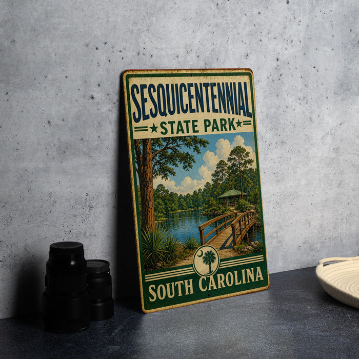 A vintage-style metal sign for Sesquicentennial State Park in South Carolina, featuring a scenic landscape with a lake, bridge, and trees.