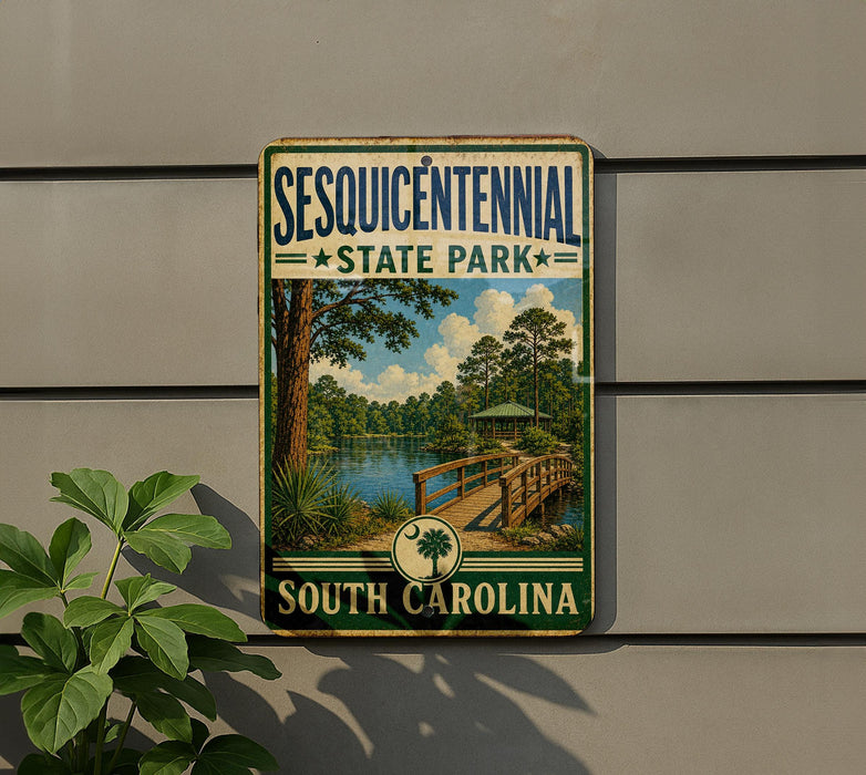 A vintage-style sign for Sesquicentennial State Park in South Carolina, featuring a scenic image of a wooden bridge and a lake surrounded by trees.
