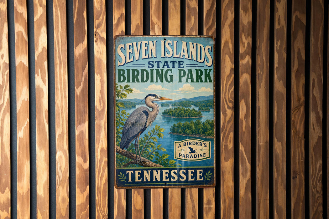 A vintage metal sign for Seven Islands State Birding Park in Tennessee, featuring a blue heron and a scenic landscape.