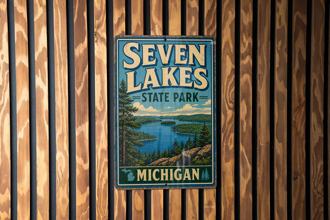 A vintage metal sign for Seven Lakes State Park in Michigan, featuring a scenic landscape with a lake, mountains, and pine trees.