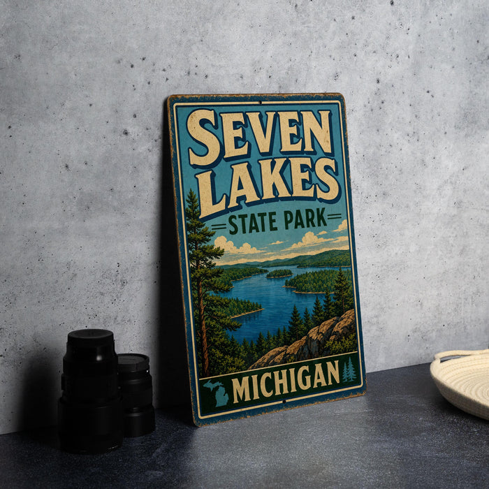 A vintage metal sign for Seven Lakes State Park in Michigan, featuring a scenic landscape with a lake and mountains.