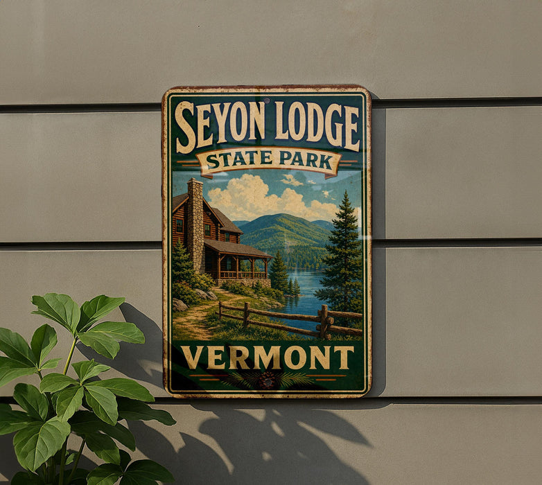 A vintage-style sign for Seyon Lodge State Park in Vermont, featuring a cabin and a scenic landscape.