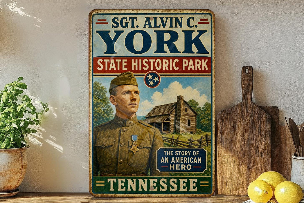 A vintage-style metal sign featuring a portrait of a soldier, with text indicating the location as State Historic Park in Tennessee.