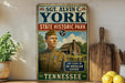 A vintage-style metal sign featuring a portrait of a soldier, with text indicating the location as State Historic Park in Tennessee.