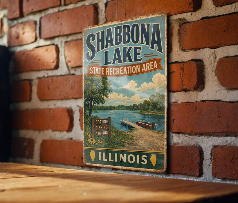 A vintage-style metal sign for Shabbona Lake, Illinois, featuring a scenic illustration of the lake and surrounding landscape.