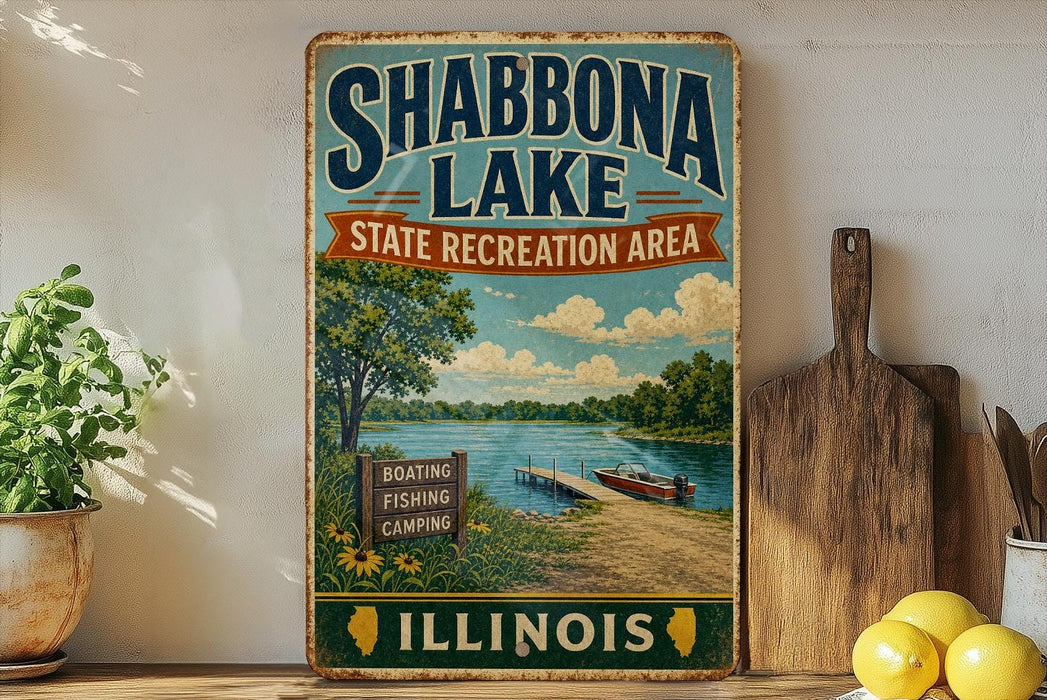 A vintage-style sign for Shabbona Lake, Illinois, featuring a scenic image of the lake and surrounding landscape.