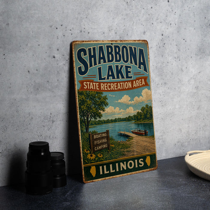 A vintage-style sign for Shabbona Lake, Illinois, featuring a scenic illustration of the lake and surrounding landscape.