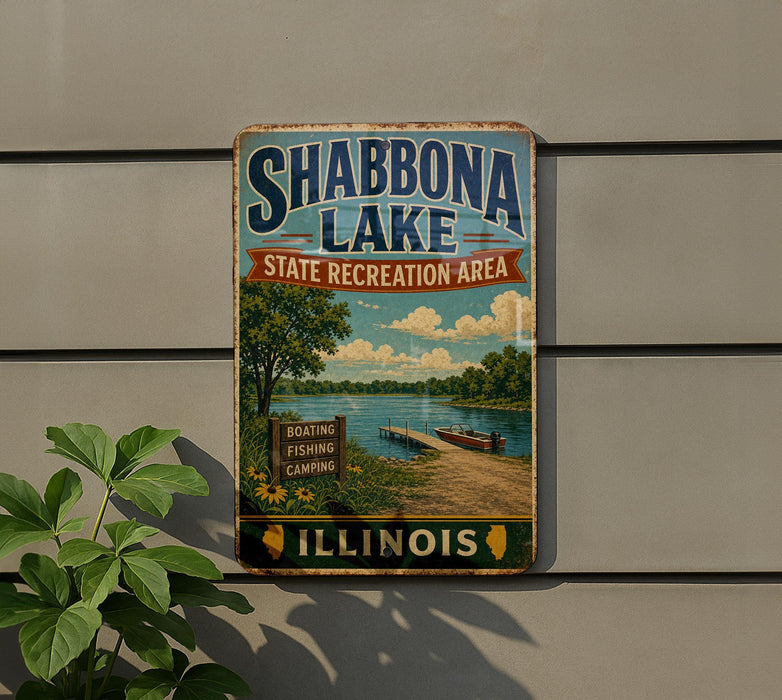 A vintage-style sign for Shabbona Lake, Illinois, featuring a scenic image of the lake and surrounding landscape.