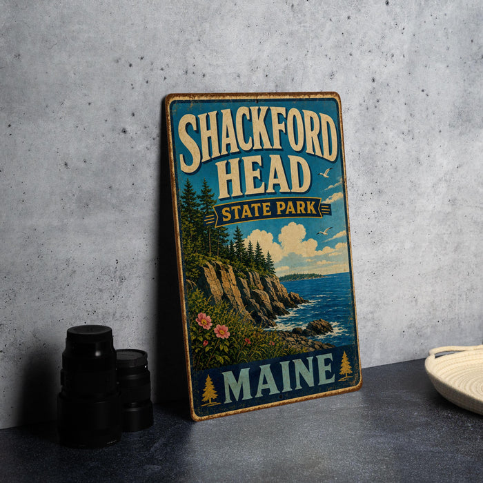 A vintage metal sign for Shackford Head State Park in Maine, featuring a scenic coastal landscape with cliffs, pine trees, and a body of water.