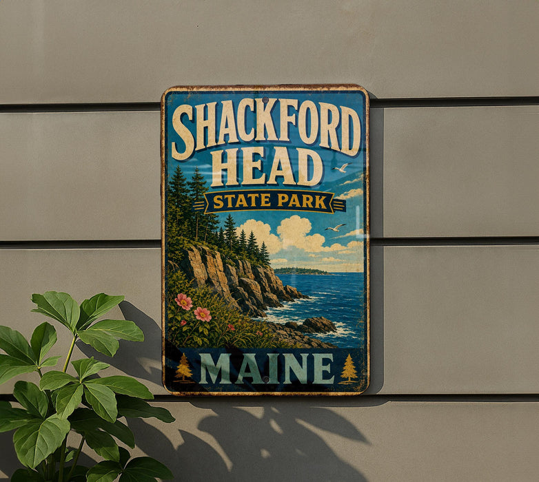 A vintage metal sign for Shackford Head State Park in Maine, featuring a scenic landscape with cliffs, pine trees, and a body of water.