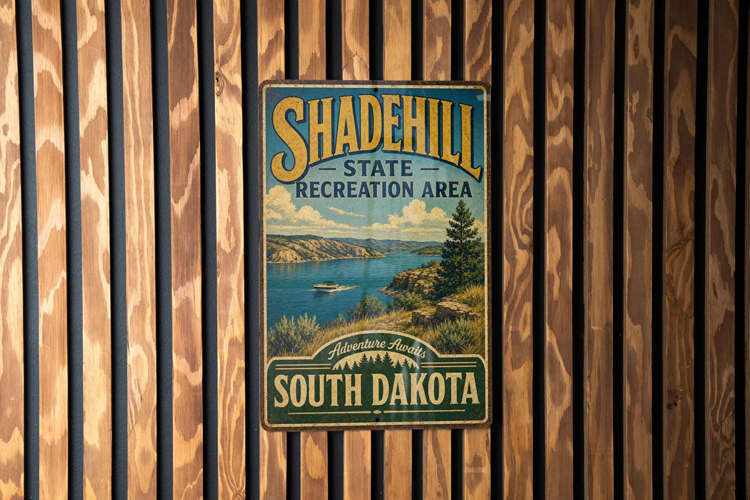 A vintage metal sign for the Shadehill State Recreation Area in South Dakota, featuring a scenic landscape with a lake and mountains.