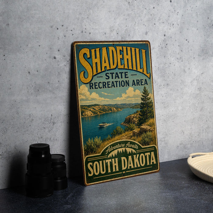 A vintage-style metal sign for the Shadehill State Recreation Area in South Dakota, featuring a scenic landscape with a lake and mountains.