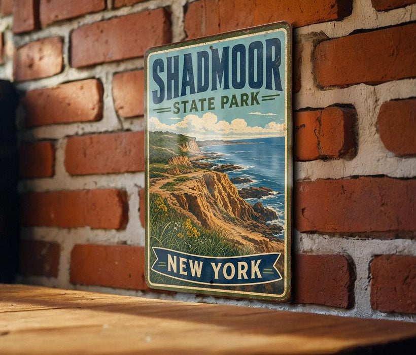 A vintage-style metal sign for Shadd Moor State Park in New York, featuring a scenic coastal landscape with cliffs and the ocean.