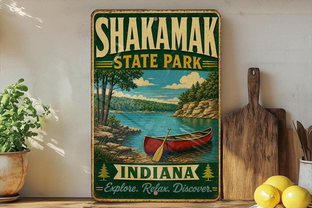 A vintage-style sign for Shakamak State Park in Indiana, featuring a red canoe on a lake surrounded by trees and mountains.