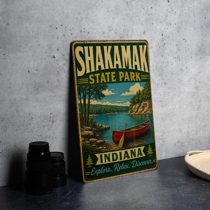A vintage-style metal sign for Shakamak State Park, featuring a canoe and a scenic landscape, is displayed on a gray countertop next to a stack of black camera lenses.