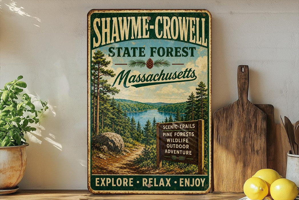 A vintage-style metal sign for Shawme-Crowell State Forest in Massachusetts, featuring a scenic illustration of pine trees, a lake, and a trail sign.