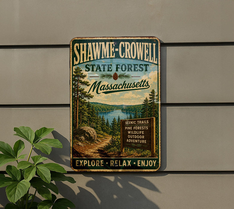 A metal sign on a wall advertising Shawme-Crowell State Forest in Massachusetts, featuring a scenic image of pine forests and a lake.