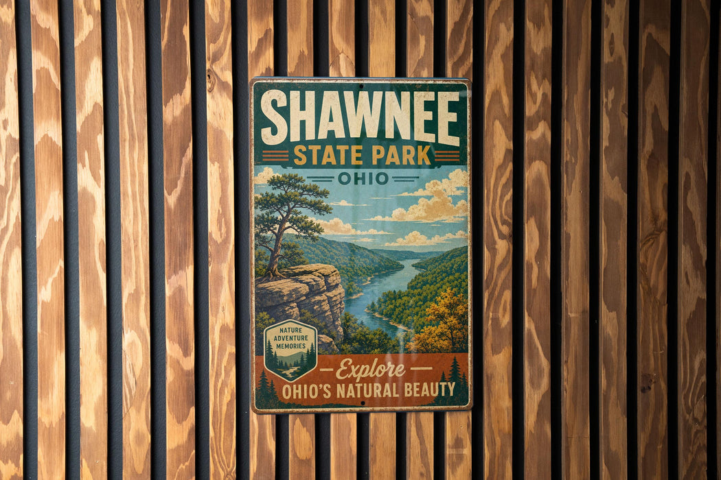A vintage-style metal sign for Shawnee State Park, Ohio, featuring a scenic landscape with a river, mountains, and a pine tree.