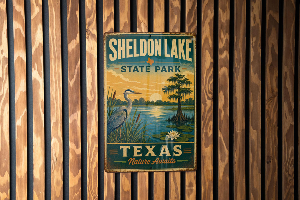 A vintage metal sign for Sheldon Lake State Park in Texas, featuring a seagull and a water lily, mounted on a wooden wall.