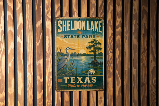 A vintage metal sign for Sheldon Lake State Park in Texas, featuring a seagull and a water lily, mounted on a wooden wall.