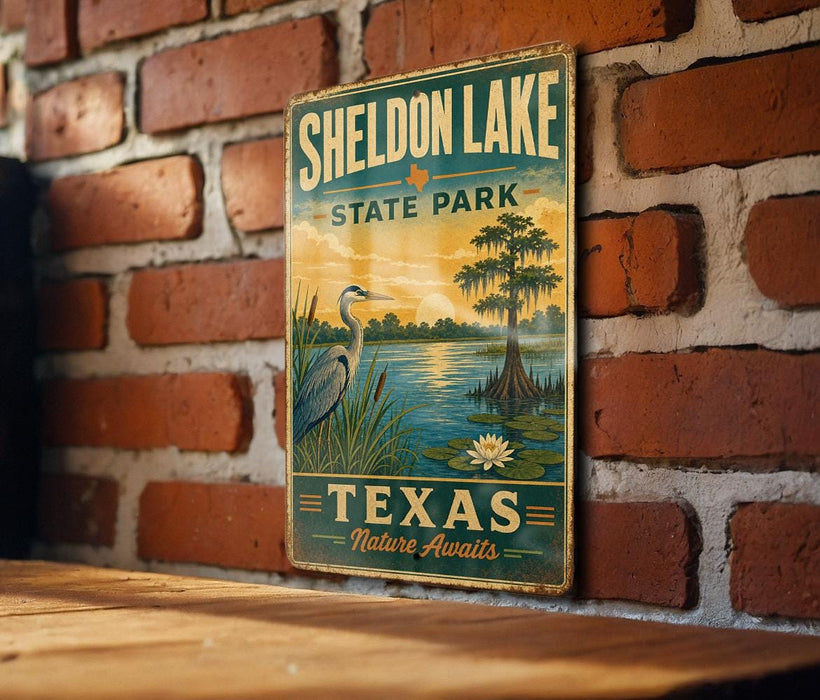 A vintage-style sign for Sheldon Lake State Park in Texas, featuring a scenic illustration of a lake, a bird, and a palm tree.