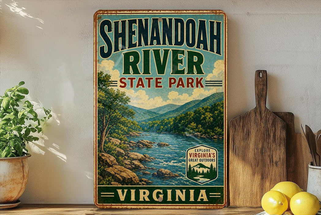 a vintage-style sign for Shenandoah River State Park in Virginia, with a scenic illustration of the river and mountains.