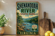 a vintage-style sign for Shenandoah River State Park in Virginia, with a scenic illustration of the river and mountains.