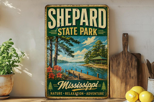 A vintage-style sign for Sheppard State Park in Mississippi, featuring a scenic image of a lake, dock, and surrounding nature.