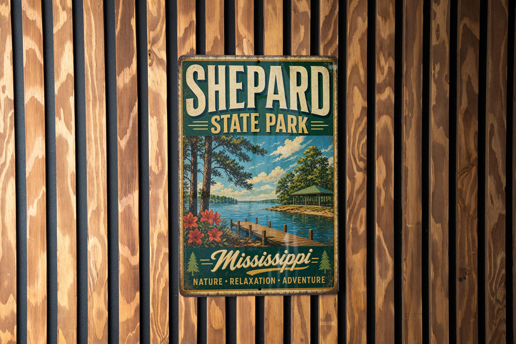 A vintage metal sign for Shepard State Park in Mississippi, featuring a scenic landscape with a lake, dock, and trees.