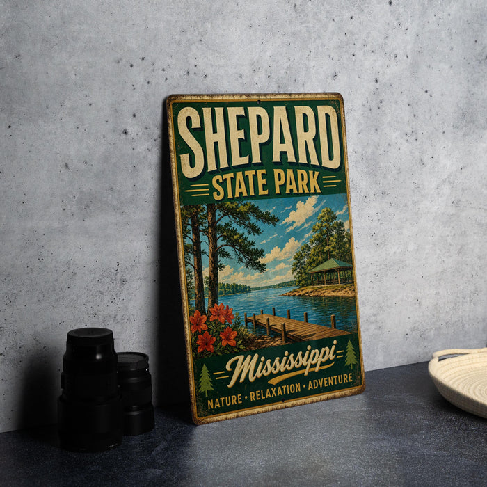 A vintage-style metal sign for Sheppard State Park in Mississippi, featuring a scenic landscape with a dock and trees, is displayed on a gray countertop next to a stack of black camera lenses.