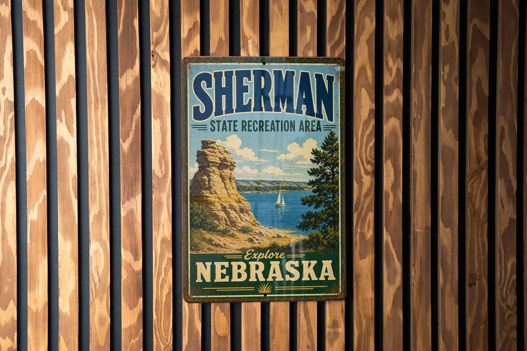 A vintage-style metal sign for Sherman State Recreation Area in Nebraska, featuring a scenic landscape with a rocky outcrop, a lake, and a sailboat.
