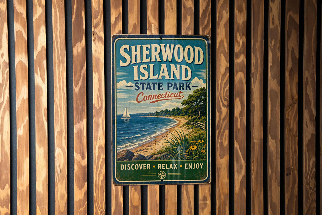 A vintage-style sign for Sherwood Island State Park in Connecticut, featuring a scenic beach and ocean view.