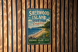 A vintage-style sign for Sherwood Island State Park in Connecticut, featuring a scenic beach and ocean view.
