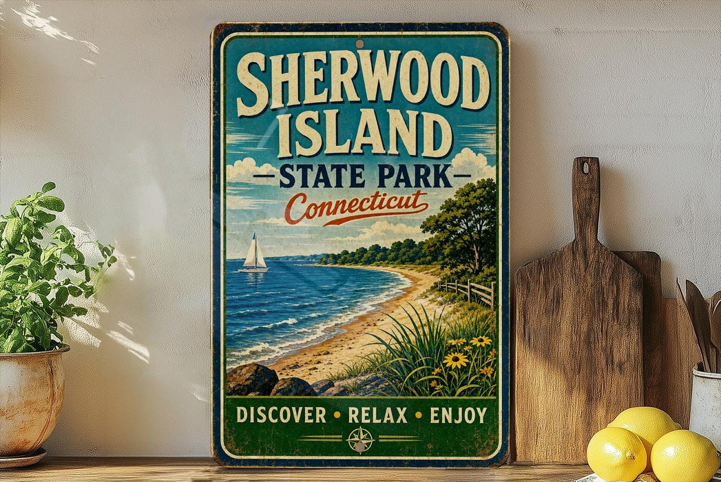 A vintage-style sign for Sherwood Island State Park in Connecticut, featuring a scenic beach and sailboat illustration.